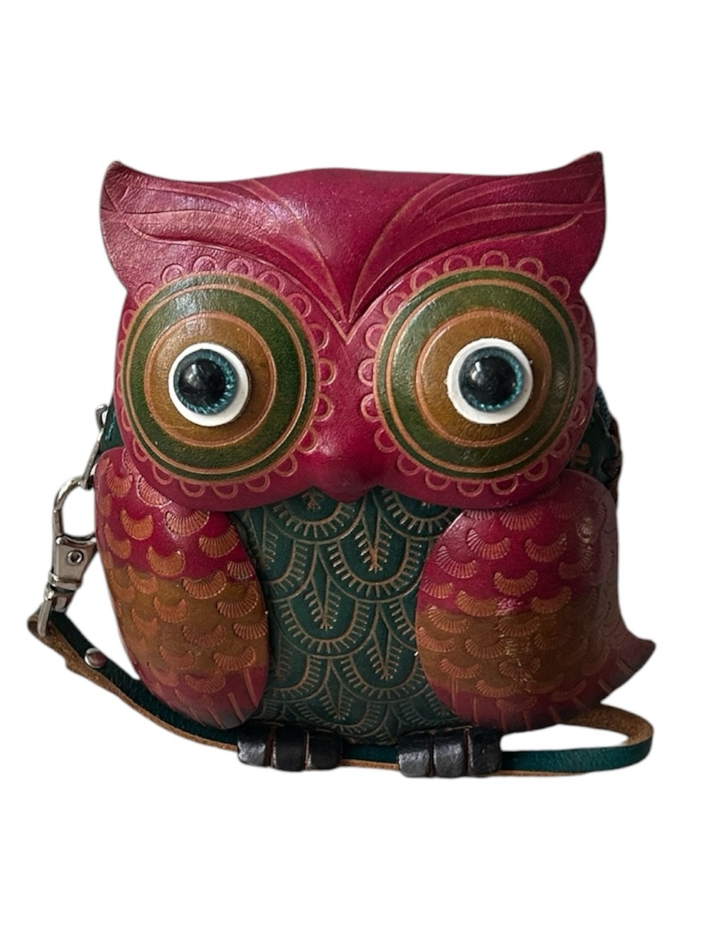 Handcrafted Leather Owl Wristlet Clutch in Burgundy, Green & Tan
